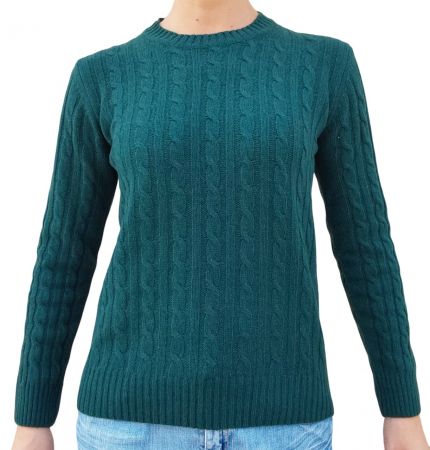 damski sweter w butelkowa zieleń, warkocz w okrągły dekolt, 100% kaszmiru, wyprodukowana we Włoszech