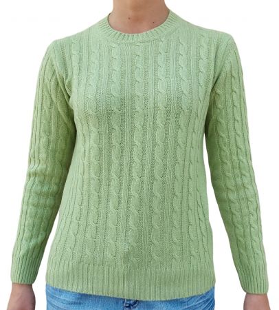 damski sweter kwaskowa zieleń, warkocz w okrągły dekolt, 100% kaszmiru wyprodukowana we Włoszech