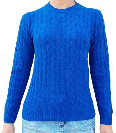 damski sweter elektryczny błękit, warkocz z okrągłym dekoltem, 100% kaszmiru, wyprodukowana we Włoszech