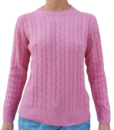 damski sweter różowy, warkocz z okrągłym dekoltem, 100% kaszmiru, wyprodukowana we Włoszech
