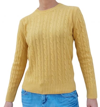 damski sweter okra z warkoczem w okrągły dekolt, 100% kaszmiru, wyprodukowana we Włoszech