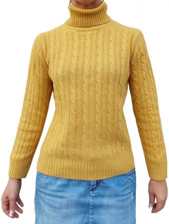 women's turtleneck, cable knitwear, 100% cashmere, ocra, made in Italy
