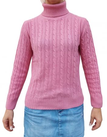 damski sweter różowy, warkocz golf, 100% kaszmiru, wyprodukowana we Włoszech