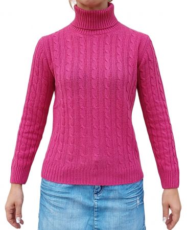 women's turtleneck, cable knitwear, 100% cashmere, fuxia, made in Italy