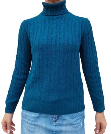 suéter de mujer con cuello alto y trenzas, 100 % cachemir, petroleo, made in Italy