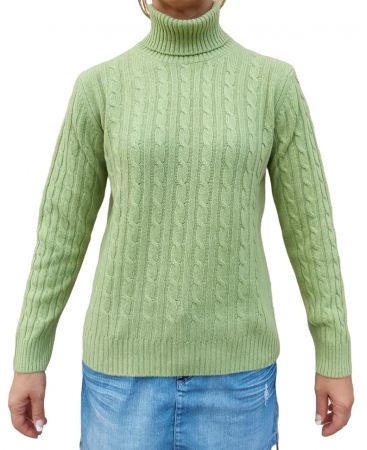 suéter de mujer con cuello alto y trenzas, 100 % cachemira, verde ácido, hecha en Italia
